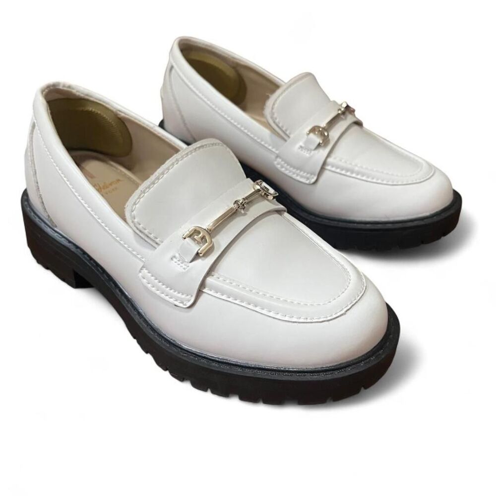 Sam Edelman Girls' White and Silver Lug Sole Loafers SZ 2